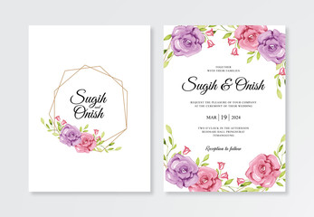 Beautiful wedding invitations with geometric frames and floral watercolor cmyk mode