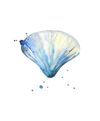 Abstract blue seashell with blots. Watercolour illustration isolated on white background.