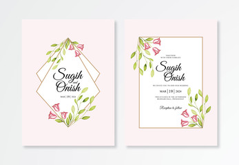 Elegant wedding card template with minimalist watercolor leaf and bud