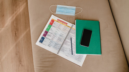 study books with phone and mask on couch at home. online education