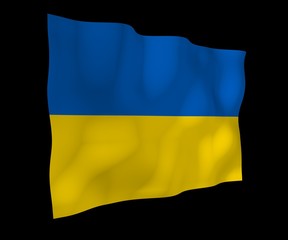 The flag of Ukraine on a dark background. National flag and state ensign. Blue and yellow bicolour. 3D illustration waving flag