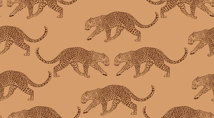 Leopards on brown background Japanese style seamless pattern	 - 348529177