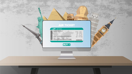 Gray banner. Buying a ticket online. Concept on the theme of tourism, sale of tours and tickets. Monitor, Egyptian pyramids, Eiffel Tower, Statue of Liberty, Wheels, Pezan Tower.