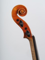 Details of head and scroll of an antique classical hand made violin made in Cremona Italy. © august.columbo