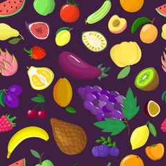 Organic vegetable tropical fruit seamless pattern flat vector illustration. Healthy eco food product. Wrapping design paper packaging, banner for wholesome foodstuff, proper nutrition.