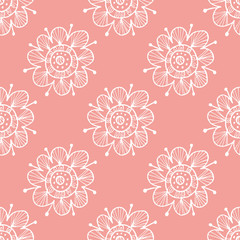 Neutral colors folk floral seamless pattern. Hand drawing vector illustration. Boho flowers and leaves doodles.