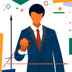 A man in a strict classic suit draws a graph on the board. Illustration in a flat style on a business theme.