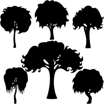 Simple trees silhouettes set/ Illustration fantasy decorative trees silhouettes