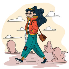 A young woman is walking along the street with a package in her hands. Cartoon illustration.