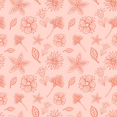 Neutral colors folk floral seamless pattern. Hand drawing vector illustration. Boho flowers and leaves doodles.