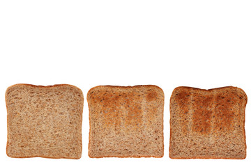 cereal bread, toasts of various degrees of toast for a sandwich, concept of healthy eating, dieting, snacking at work, at school, student fast food, isolated