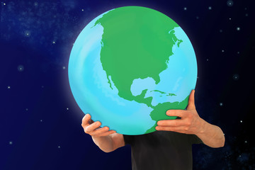 man holds in his strong hands the globe on a blue cosmic background, the concept of globalization, environmental protection, ecology