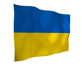 The flag of Ukraine on a white background. National flag and state ensign. Blue and yellow bicolour. 3D illustration waving flag