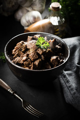 Beef stew in a bowl.