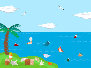 Fototapeta na wymiar Pollution sea ocean concept, tropical shore place flat vector illustration. Environmental contamination plastic metal glass and paper. Climate greenhouse period, clearing earth garbage.