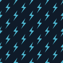Blue lightning bolts on dark blue background. Seamless pattern Vector illustration.