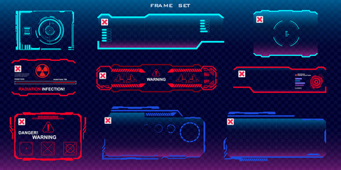set of futuristic screens for video games with elements of HUD, GUI, UI. Set of isolated frames on a dark transparent background. Names and cues with pop-up text