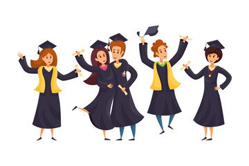 Success, graduation, education concept. Group of happy boys girls students cartoon characters in academic dress gown or robe cap and holding diploma. Celebration of end of university or college study.