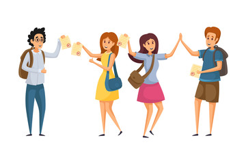 Obraz premium Passing exams, congratulation, education concept. Young miling smiling boy girl pupils students friends congratulate after passing exams or tests. Successful study results winning victory celebration.