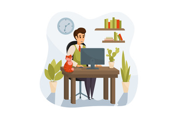 Freelance, remote work, business concept. Young businessman man boy freelancer cartoon character sits on workplace at home working remotely online. Preparation to exam or social media communication.