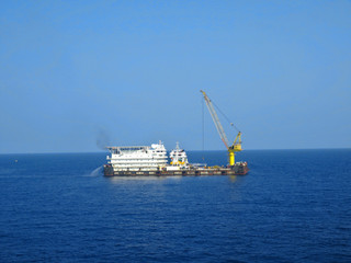 A typical Offshore Accommodation and Work Barge in the Oil and Gas industry. Offshore Accommodation Barge to serve as an offshore hotel to personnel and crew.