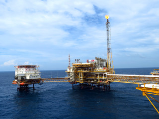 Offshore oil and rig platform. Construction of production process in the sea. Power energy of the...