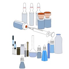 Collection of medical ampoules, bottles, pills and syringes isolated on white