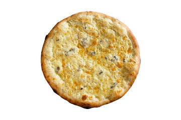 Pizza four cheeses isolated on white background, top view.