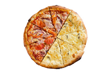 The two halves of pizzas isolated on white background, top view.