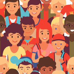 Fototapeta na wymiar Group teenager character pattern, flat vector illustration. Young together student walk, juvenile people different nation, future youthful working professional, international diversity.