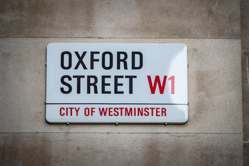 Fototapeta premium LONDON- NOVEMBER, 2019: Oxford Street sign- a landmark shopping street in London's West End