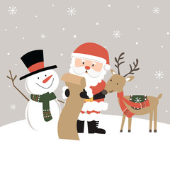 Cute Santa, snowman and reindeer reading Christmas gift list, vector illustration