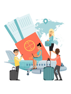 Travel concept tiny character sit on aircraft, passport isolated on white, flat vector illustration. People journey plane around world, earth map and passport. Multicultural different nation.