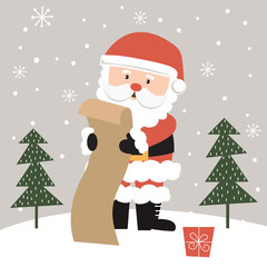 Cute Santa Claus is reading the gift list, Vector illustration
