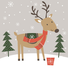 Cute Reindeer in winter, Vector illustration