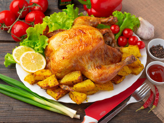 Chicken baked in the oven with potatoes.