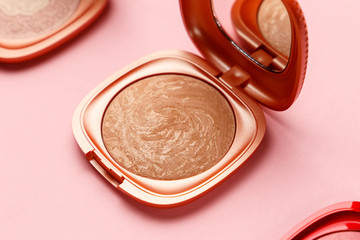 Mua and girly concept. Eyeshadow palette on pink background, eye shadows cosmetics product as luxury beauty brand promotion. Fashion blog design. Contouring palette. Makeup palette close up