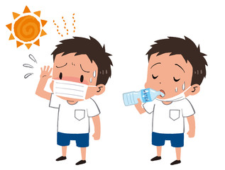 イラスト素材：マスクをつけた男の子　子供　熱中症対策