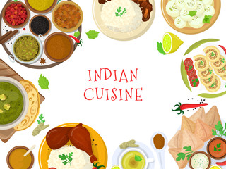 Authentic indian food, original delicious taste banner, flat vector illustration. Spicy asian foodstuff, piquant flavor meal product. Hindustani restaurant eatables, dish establishment.