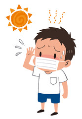 イラスト素材：マスクをつけた男の子　子供　熱中症