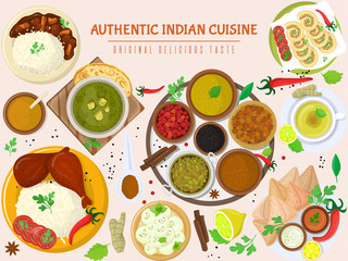 Authentic indian food, original delicious taste banner, flat vector illustration. Spicy asian foodstuff, piquant flavor meal product. Hindustani restaurant eatables, dish establishment.