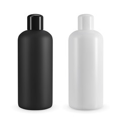 Black and white plastic cosmetic bottle. Realistic vector mockup for shampoo or shower gel design.