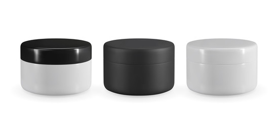Black and white plastic cosmetic jar. Realistic vector mockup for skin cream design.