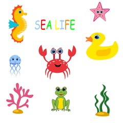 Cute colorful sea animals. Marine life. Ocean wildlife . Octopus, whale, seahorse, jellyfish,frog, turtle, crub, clown fish, sea star.