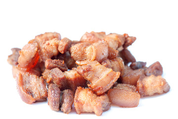 Fried pork belly with fish sauce is Thai recipe isolated on white background.
