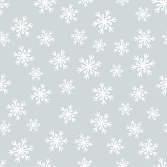 Christmas, new year, holidays seamless pattern with hand drawn snowlakes on gray background. Winter texture for print, paper, design, fabric, decor, gift, food wrap, backgrounds. Vector illustration