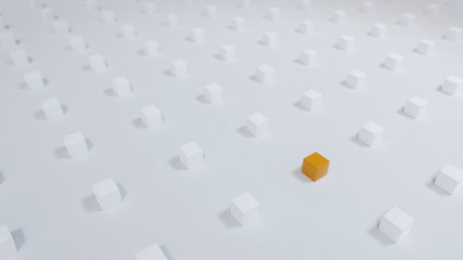 Orangener Würfel unter vielen weißen Würfeln auf weißem Untergrund