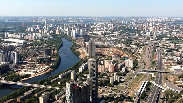 View from the Federation Tower to panorama of Moscow center. Capital of Russia. Downtown architecture urban landscape from skyscraper. Moscow city panoramic observing.