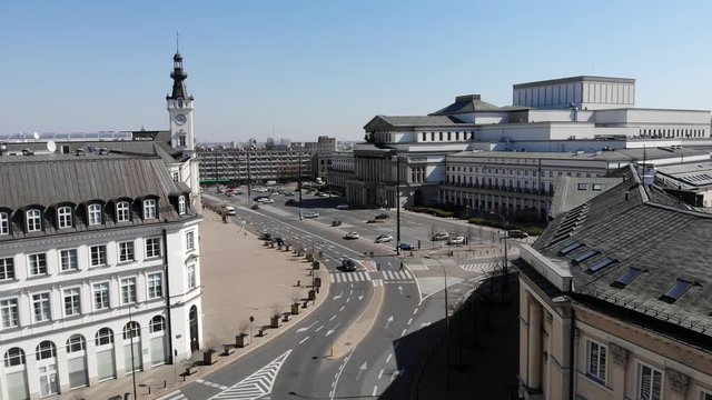 Warsaw, Poland. Theater Square in Warsaw from drone. Aerial view of National Opera // Plac Teatralny, Opera Narodowa