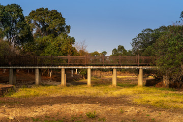 Fototapeta premium Wooden bridge over little river in city park